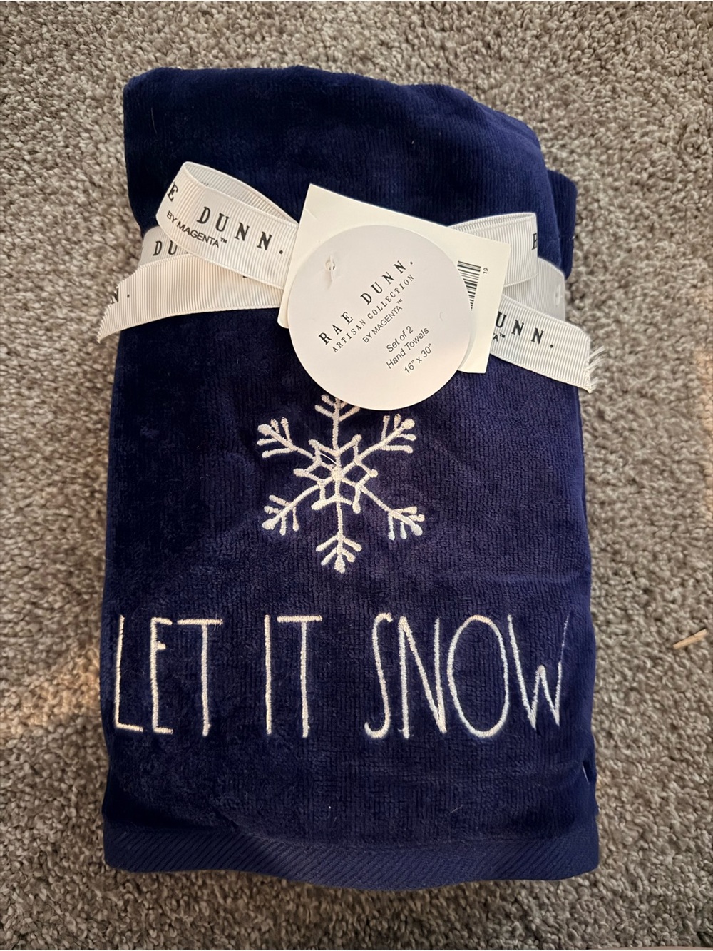 Rae Dunn Navy "Let It Snow" Plush Throw Towels Set of 2 BNWT